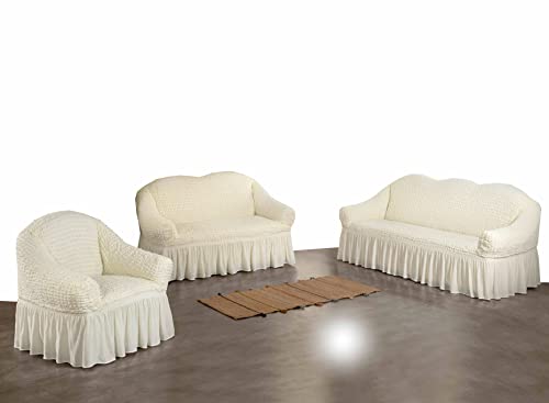 My Palace Estefania Sofabezug 3er Set mit 1-Sitzer, 2-Sitzer und 3-Sitzer Bezügen und Schaumstoff-Ankern für rutschfesten Halt auf der Sofagarnitur, 3-teiliges hochdichtes Stretch-Gewebe, Creme von My Palace