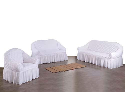 My Palace Estefania Sofabezug 3er Set mit 1-Sitzer, 2-Sitzer und 3-Sitzer Bezügen und Schaumstoff-Ankern für rutschfesten Halt auf der Sofagarnitur, 3-teiliges hochdichtes Stretch-Gewebe, Weiß von My Palace