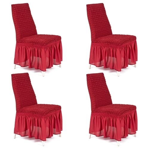 My Palace Stuhlhussen Bianca - mit Rüschen 4er Set elastische Stretch Hussen für Esszimmerstühle abnehmbare und waschbare Stuhlbezüge Chair Cover, Stuhl-Sitzbezug, Stuhlüberzüge rot weinrot von My Palace