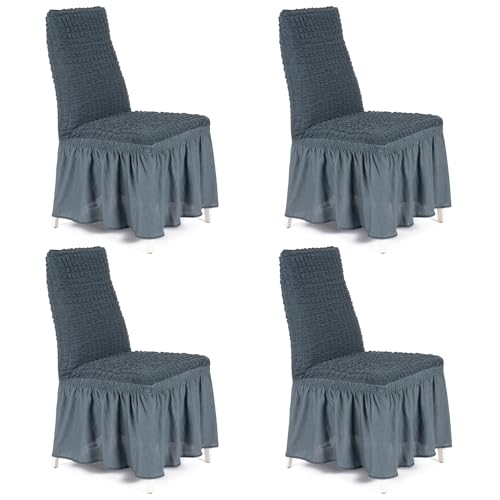 Stuhlhussen Bianca - mit Rüschen 4er Set elastische Stretch Hussen für Esszimmerstühle Hochzeit abnehmbare und waschbare Stuhlbezüge Chair Cover, Stuhl-Sitzbezug, Stuhlüberzüge anthrazit grau von My Palace