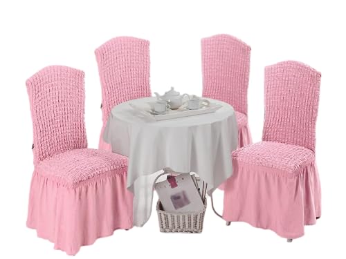 My Palace Stuhlhussen Bianca - mit Rüschen 4er Set elastische Stretch Hussen für Esszimmerstühle Hochzeit abnehmbare und waschbare Stuhlbezüge Chair Cover, Stuhl-Sitzbezug, Stuhlüberzüge rosa von My Palace