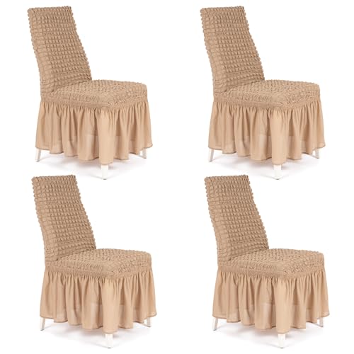 Stuhlhussen Bianca - mit Rüschen 4er Set elastische Stretch Hussen für Esszimmerstühle Hochzeit abnehmbare und waschbare Stuhlbezüge Chair Cover, Stuhl-Sitzbezug, Stuhlüberzüge braun ockerbraun von My Palace