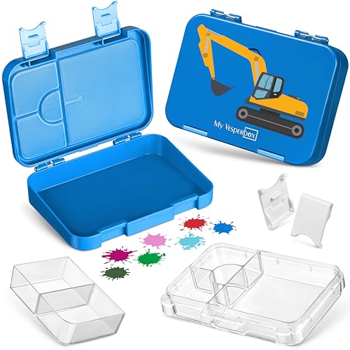 My Vesperbox – Len - Bento Box Kinder - Lunchbox mit 4+2 Fächern - extrem robust – Brotdose – Brotbox ideal für Kindergarten und Schule… (Blau - Bagger) von My Vesperbox