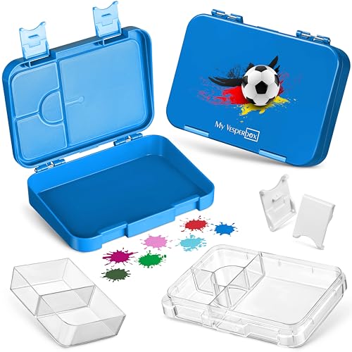 My Vesperbox – Len - Bento Box Kinder - Lunchbox mit 4+2 Fächern - extrem robust – Brotdose – Brotbox ideal für Kindergarten und Schule… (Blau - Fußball) von My Vesperbox