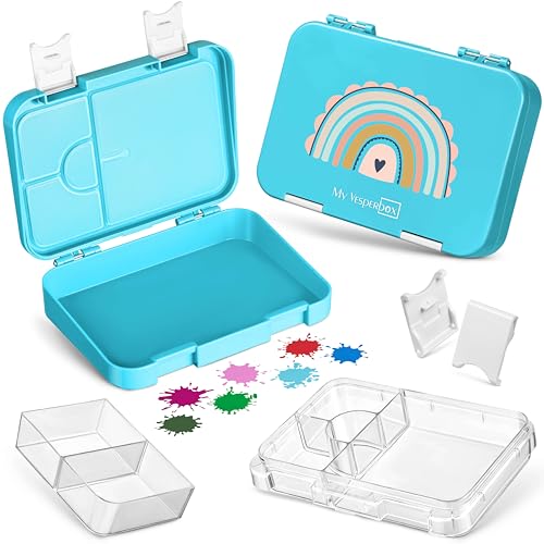 My Vesperbox – Len - Bento Box Kinder - Lunchbox mit 4+2 Fächern - extrem robust – Brotdose – Brotbox ideal für Kindergarten und Schule… (Hellblau- Regenbogen) von My Vesperbox