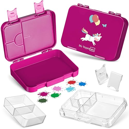 My Vesperbox – Len - Bento Box Kinder - Lunchbox mit 4+2 Fächern - extrem robust – Brotdose – Brotbox ideal für Kindergarten und Schule… (Lila - Einhorn) von My Vesperbox