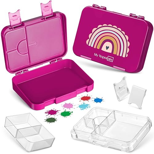 My Vesperbox – Len - Bento Box Kinder - Lunchbox mit 4+2 Fächern - extrem robust – Brotdose – Brotbox ideal für Kindergarten und Schule… (Lila - Regenbogen) von My Vesperbox