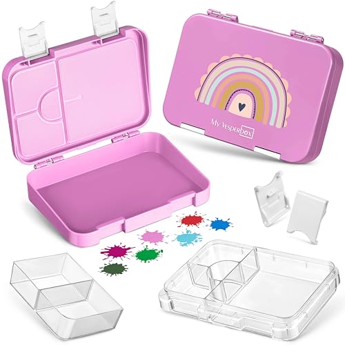 My Vesperbox – Len - Bento Box Kinder - Lunchbox mit 4+2 Fächern - extrem robust – Brotdose – Brotbox ideal für Kindergarten und Schule… (Rosa - Regenbogen) von My Vesperbox