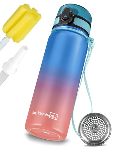 My Vesperbox - Edelstahl Thermos Trinkflasche auslaufsicher - mit Strohhalm oder Sieb - 400 ml, 600ml - BPA FREI - für Kindergarten, Schule (Blau - Rose 600ml) von My Vesperbox