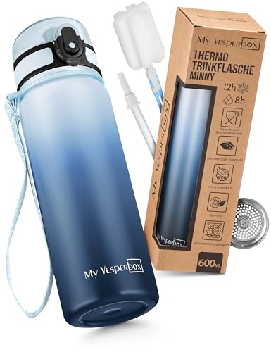 My Vesperbox - Edelstahl Thermos Trinkflasche auslaufsicher - mit Strohhalm oder Sieb - 400 ml, 600ml - BPA FREI - für Kindergarten, Schule (Blauverlauf 600ml) von My Vesperbox