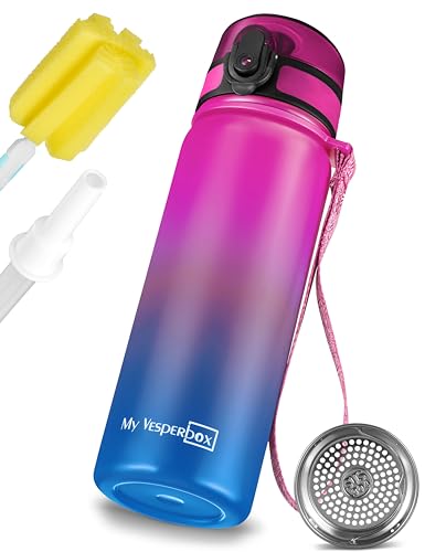 My Vesperbox - Edelstahl Thermos Trinkflasche auslaufsicher - mit Strohhalm oder Sieb - 400 ml, 600ml - BPA FREI - für Kindergarten, Schule (Lila - Blau 600ml) von My Vesperbox