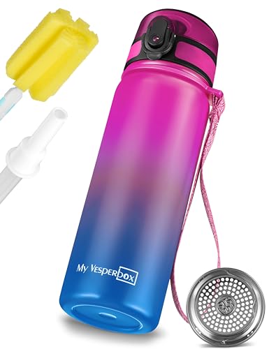 My Vesperbox - Edelstahl Thermos Trinkflasche auslaufsicher - mit Strohhalm oder Sieb - 400 ml, 600ml - BPA FREI - für Kindergarten, Schule (Lila - Blau 600ml) von My Vesperbox