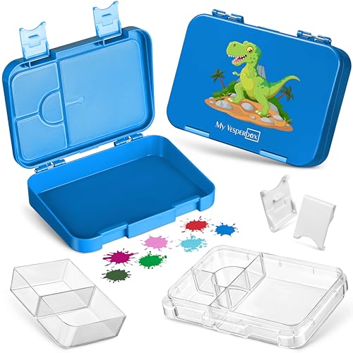 My Vesperbox – Len - Bento Box Kinder - Lunchbox mit 4+2 Fächern - extrem robust – Brotdose – Brotbox ideal für Kindergarten und Schule… (Blau - T-Rex) von My Vesperbox