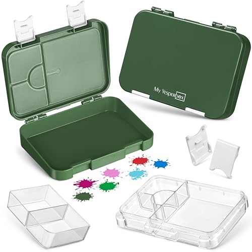 My Vesperbox – Len - Bento Box Kinder - Lunchbox mit 4+2 Fächern - extrem robust – Brotdose – Brotbox ideal für Kindergarten und Schule… (Dunkelgrün-Weiß) von My Vesperbox