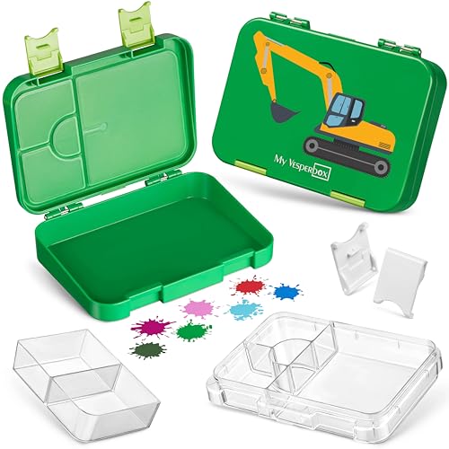 My Vesperbox – Len - Bento Box Kinder - Lunchbox mit 4+2 Fächern - extrem robust – Brotdose – Brotbox ideal für Kindergarten und Schule… (Grün - Bagger) von My Vesperbox