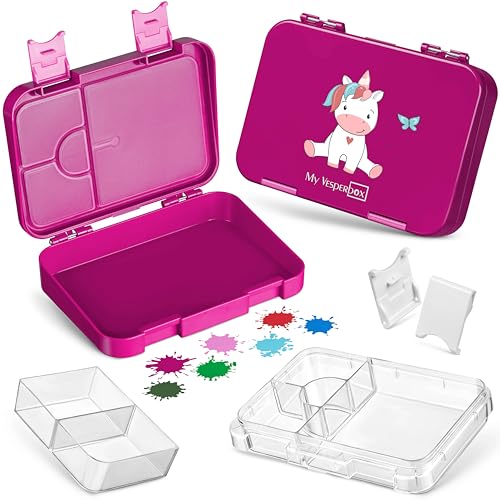 My Vesperbox – Len - Bento Box Kinder - Lunchbox mit 4+2 Fächern - extrem robust – Brotdose – Brotbox ideal für Kindergarten und Schule… (Lila - Einhorn sitzend) von My Vesperbox
