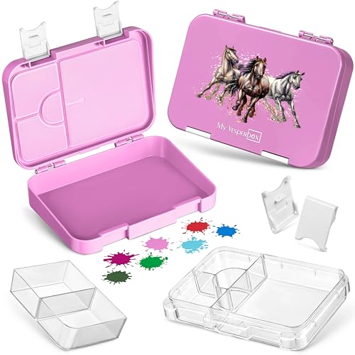 My Vesperbox – Len - Bento Box Kinder - Lunchbox mit 4+2 Fächern - extrem robust – Brotdose – Brotbox ideal für Kindergarten und Schule… (Rosa - Pferde) von My Vesperbox