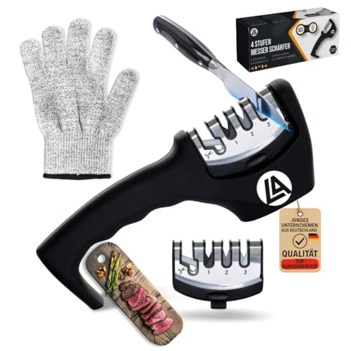 4-Stufen Messerschärfer – Profi Messerschleifer für Küchenmesser, Scheren & Keramikmesser – Diamant & Keramik Schleifscheiben – inkl. Schnittschutzhandschuh & Ersatz-Schleifkopf – Nachhaltig von My Whitepearl