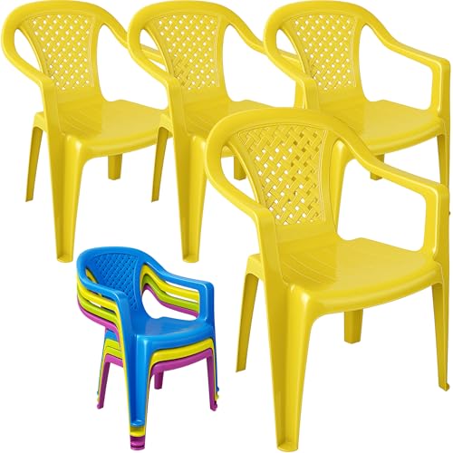 Kinderstuhl mit Armlehne - 4 Stück - Gartenstuhl, Robuster Stapelstuhl mit einer Sitzhöhe 27cm aus Kunststoff, kippsicher, wetterbeständig | Sitzgelegenheit für Innen- und Außenbereich (Gelb) von My-goodbuy24
