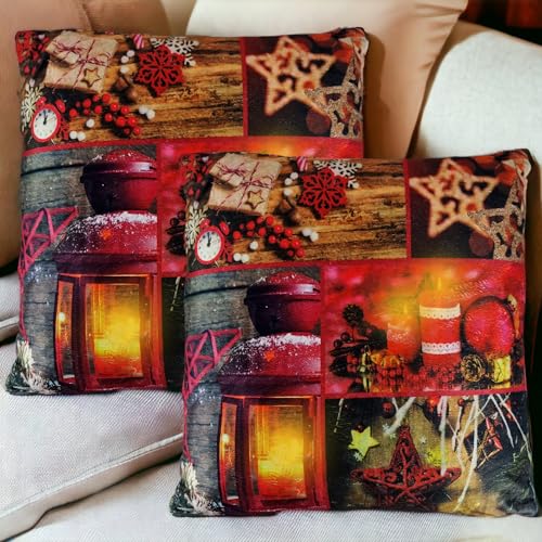 LED Deko-Kissen 45 x 45 cm mit Füllung - 2 Stück im Set - inkl. Beleuchtung - Leuchtkissen - Weichnachten - Winter - Zierkissen - Deko-Kissen - Kissenbezüge - Super Weich - Motiv : 5 Bilder rot von My-goodbuy24