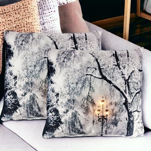 LED Deko-Kissen 45 x 45 cm mit Füllung - 2 Stück im Set - inkl. Beleuchtung - Leuchtkissen - Weichnachten - Winter - Zierkissen - Deko-Kissen - Kissenbezüge - Super Weich - Motiv : Winterlandschaft von My-goodbuy24