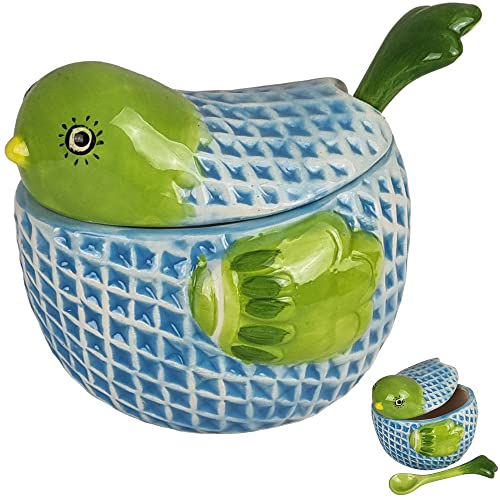 My-goodbuy24 Zuckerdose aus Keramik - Handbemalt - mit Deckel und Löffel - Vorratsbehälter für den Kaffeetisch - Motiv Huhn grün/blau - Süßigkeitenbehälter 380 ml (blau/grün) von My-goodbuy24