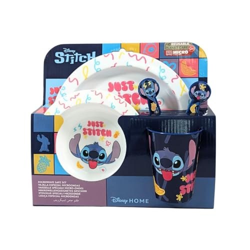 My sweety pop - Kindergeschirr Set - Lunchset - 5-teiliges Set - Teller - Schüssel - Glas - Gabel - Löffel - Stitch - weiß/blau von My sweety pop