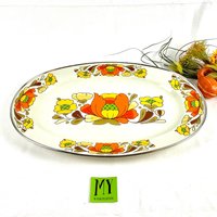 Vintage Emaille Sanko Ware Japan Country Blumen Türkei Servierplatte Hell Orange Gelb Braun Auf Beige Erntedank My40Yearcollection von My40YearCollection
