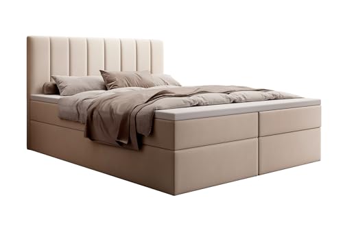 MyBed Allen Boxspringbett Modernes Polsterbett mit Kopfteil und Bettkasten 160x200 7-Zonen Taschenmatratze H2 und Topper Beige Dream Velvet Schlafzimmer von MyBed