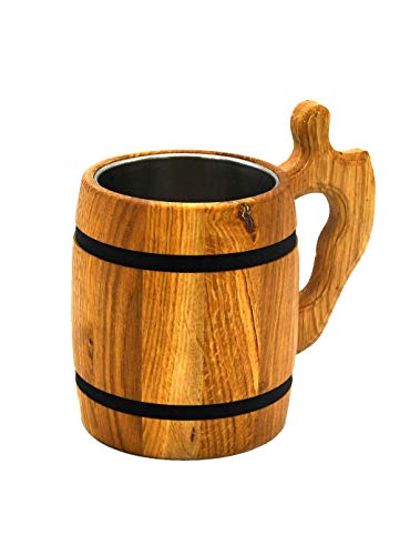 MyBer® Schöner Bierkrug aus Massivholz Eiche Krug aus Holz Holzkrug ca. 0,5L Edelstahleinsatz Handarbeit PM-PO315 von MyBer