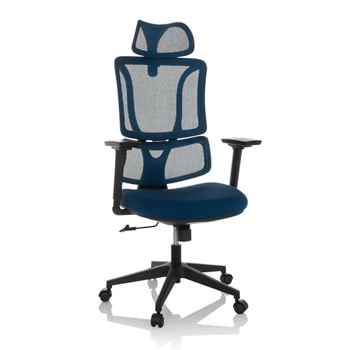 MyBuero Drehstuhl ergonomisch ERGOMY Bürostuhl mit Verstellbarer Lordosenstütze, Kopfstütze, Armlehnen, Netz-Rückenlehne, Stoff Blau von MyBuero