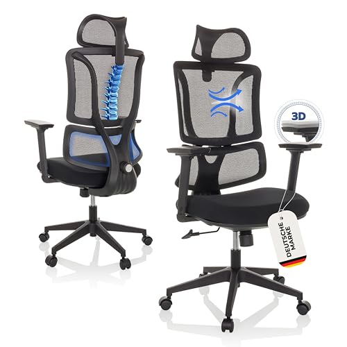 MyBuero Bürostuhl ERGOMY ergonomischer Drehstuhl & Computerstuhl mit Lordosenstütze, Kopfstütze, Armlehnen, Netz-Rückenlehne, Stoff Schwarz von MyBuero
