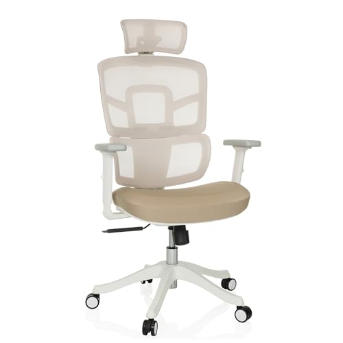 MyBuero Drehstuhl ergonomisch ERGOMY I W Bürostuhl mit Flexibler Lordosenstütze, Kopfstütze, Armlehnen, Netz-Rückenlehne, Stoff Beige von MyBuero