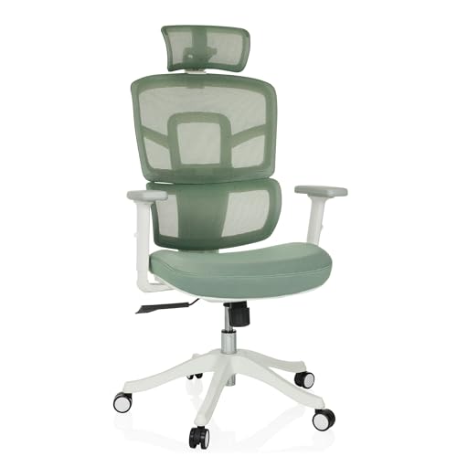 MyBuero Drehstuhl ergonomisch ERGOMY I W Bürostuhl mit Flexibler Lordosenstütze, Kopfstütze, Armlehnen, Netz-Rückenlehne, Stoff Grün von MyBuero