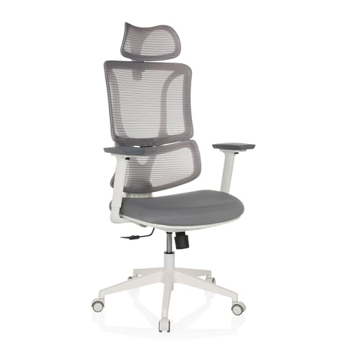 MyBuero Drehstuhl ergonomisch ERGOMY W Bürostuhl mit Verstellbarer Lordosenstütze, Kopfstütze, weißes Gestell, Netz-Rückenlehne, Stoff Grau von MyBuero