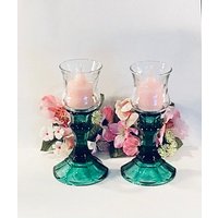 Frühlingsgesteck Mit Vintage Partylite Seide Blumenringe Grünen Kerzenständern, Klaren Peglithen Und Pina Colada Votivkerzen - Geschenk von MyClassiCupboard