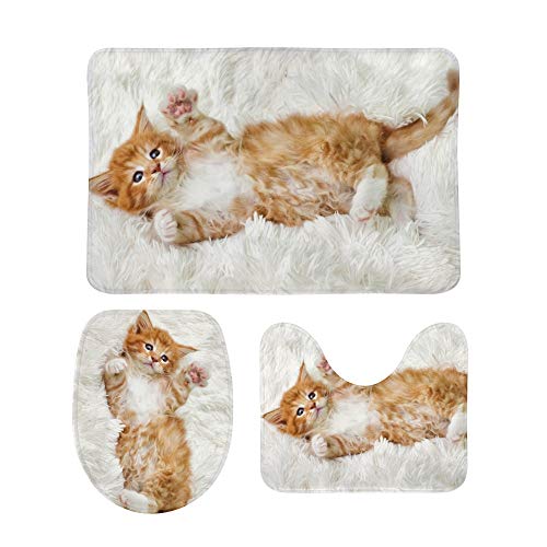 3-teiliges Badezimmerteppich-Set mit niedlicher Katze, Maine Coon Kitty, rutschfeste Konturmatte + WC-Deckelbezug + Badematte von MyDaily
