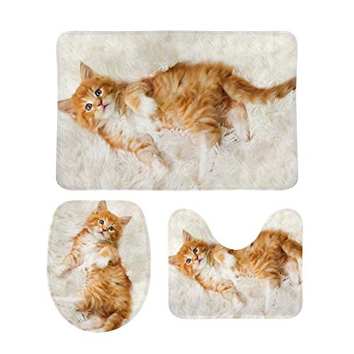3-teiliges Badezimmerteppich-Set Katze Maine Coon Kitty rutschfeste Konturmatte + WC-Deckelbezug + Badematte von MyDaily
