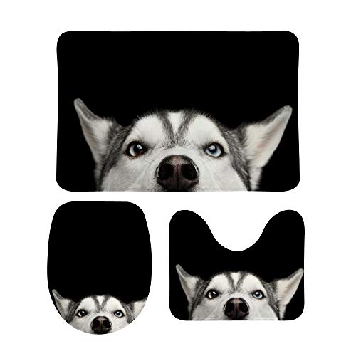 3-teiliges Badezimmerteppich-Set Sibirischer Husky Hund Schwarz rutschfeste Konturmatte + WC-Deckelbezug + Badematte von MyDaily