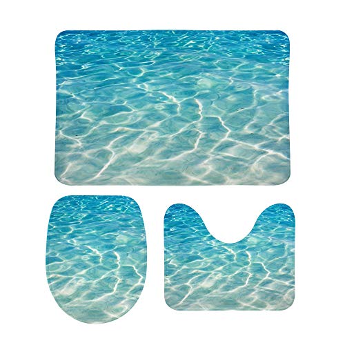 3-teiliges Badvorleger-Set, glänzendes Blau, Wasserwellen, Ozean, WC-Deckelbezug, rutschfester Badvorleger von MyDaily