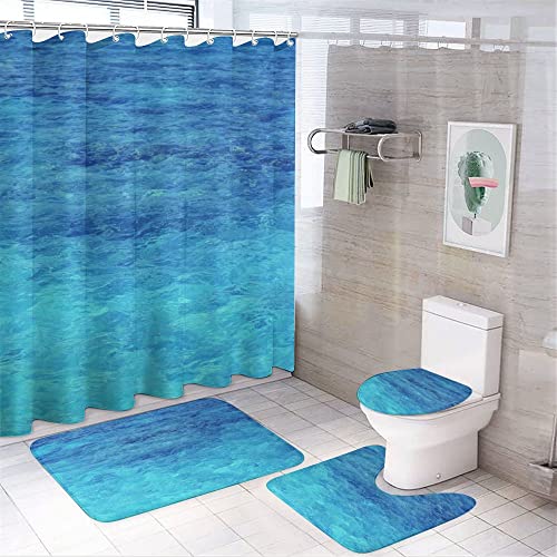 4-teiliges Duschvorhang-Set mit Badteppich + WC-Vorleger + WC-Deckelbezug, Blaues Meer schöner Ozean-Wasserdichter Badezimmer-Vorhang mit Haken von MyDaily