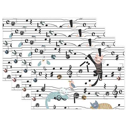MyDaily Cartoon-Katzen mit Musiknoten Platzsets für Esstisch, 4 Stück, hitzebeständig, waschbar, Polyester, 30 x 45 cm von MyDaily