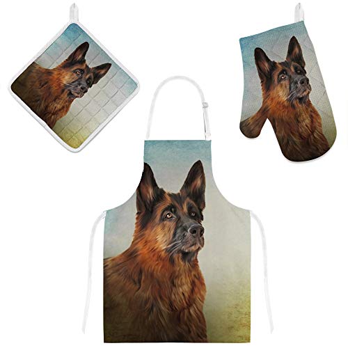 MyDaily Kochschürze, Ofenhandschuh und Topflappen-Set Deutscher Schäferhund Vintage Verstellbare Schürze mit Taschen, Ofenhandschuh und Topflappen, 3-teilig, Küchen-Geschenkset von MyDaily