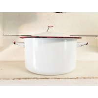 Weiß Und Rot Getrimmter Mittelgroßer Emaille-Suppentopf Mit Deckel/Bauernhaus-Küche Weißer Roter Emaille-Topf von MyFarmHouseKitchenCo