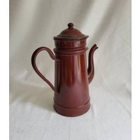 Große Braun/Rote Emaille-Kaffeekanne Mit Filter Und Gesprenkeltem Grauen Innendeckel, Jahrgang 1940, Hergestellt in Frankreich von MyFrenchIdeedAntique