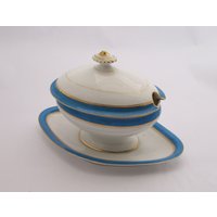Oval Zuckerteller Aus Weißem Porzellan Verziert Oder Blaue Bordüren Von Paris Vintage Made in Frankreich von MyFrenchIdeedAntique