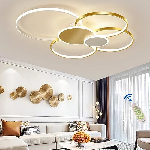 LED Deckenlampe Dimmbar Modern Deckenleuchte Wohnzimmer Gold Deckenlicht Mit Fernbedienung Kronleuchter Acryl Lampenschirm Einstellbar Lichtfarbe/Helligkeit Schlafzimmerlampe Restaurant (Gold) von MyLjp