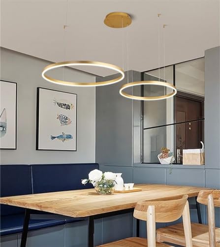 LED Pendellampe Wohnzimmerlampe Moderne Pendelleuchte Dimmbar Mit Fernbedienung Kronleuchter Metall Acryl Hängelampe Esstischlampe Schlafzimmer Deckenleuchte Beleuchtung Gold 2-Rings 40+60CM von MyLjp