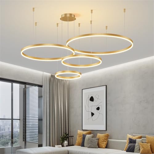 LED Pendellampe Wohnzimmerlampe Moderne Pendelleuchte Dimmbar Mit Fernbedienung Kronleuchter Metall Acryl Hängelampe Esstischlampe Schlafzimmer Deckenleuchte Beleuchtung Gold 4-Rings 40+60+80+100CM von MyLjp