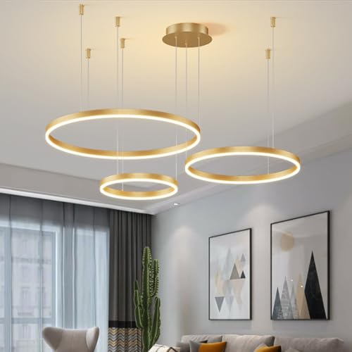 LED Pendelleuchte Modern Dimmbar 3 Ringe Esstisch Hängelampe Rund Aluminium Höhenverstellbar Hängeleuchte Wohnzimmer Leuchte Ringleuchte Lampe Schlafzimmer Kronleuchter Deckenbeleuchtung Golden von MyLjp